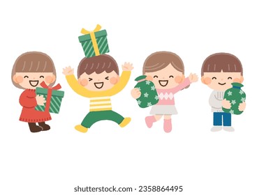 Illustration material set of children who are happy to receive Christmas presents
