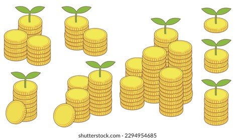 Conjunto de monedas y hojas jóvenes