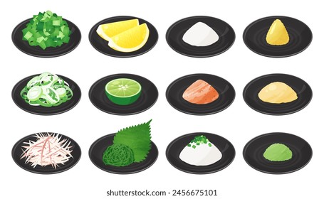 Illustration material set of condiments served on a small plate