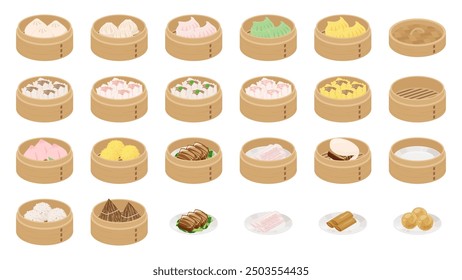 Illustration material set of dim sum in a bamboo steamer