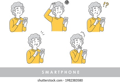 
Illustration material set of an elderly woman operating a smartphone