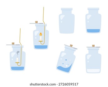 Illustrationsmaterial-Set eines Experiments zum Brennen einer Kerze in einer Luftsammelflasche