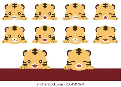 Illustration material set of the face of a tiger peeking in
