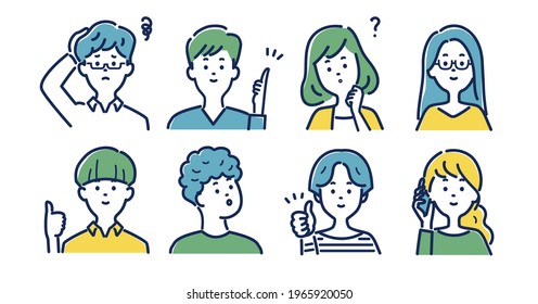 Illustration material set of facial expressions of young men and women