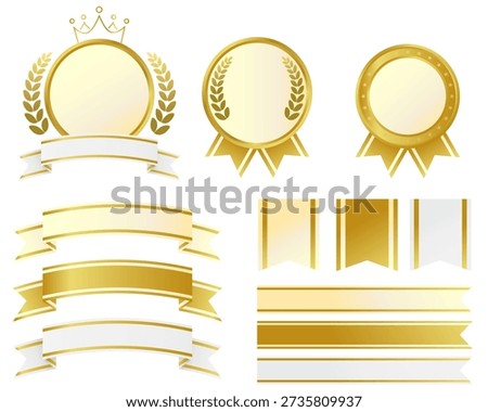 An illustration material set featuring medals and ribbons based on cream and gold colors. Vector illustration on a white background.