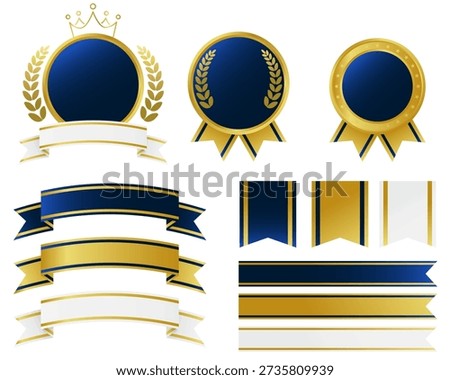Illustration material set featuring medals and ribbons based on navy blue and gold. Vector illustration on a white background.