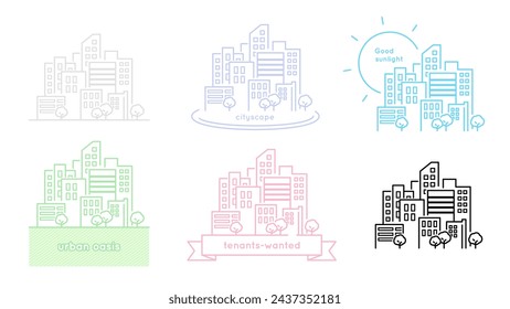 Illustration material set of frames with simple buildings lined up