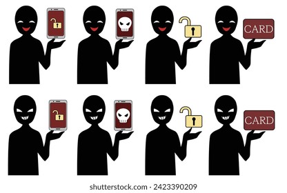 Illustration material set of hacker images with smartphones and cards