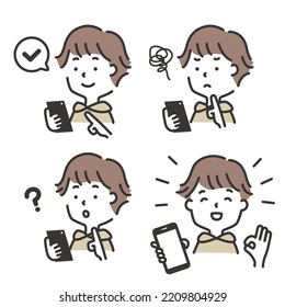 Illustration material set of a male student operating a smartphone