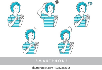 Illustration material set of a man operating a smartphone