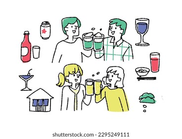  Illustration material set of people drinking beer and accessories