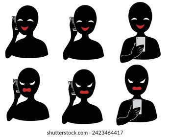 Illustration material set of a person with the image of a bad guy talking on a smartphone svg