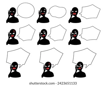 Illustration material set of a person with the image of a villain talking on a smartphone and a speech bubble