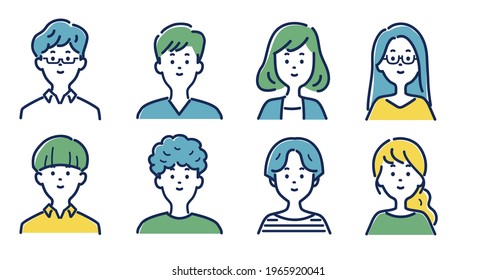 Illustration material set of smiling faces of young men and women