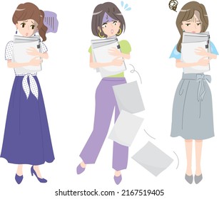 Illustration material set of tired face business woman with a lot of paper materials