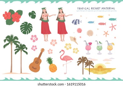 Illustration material set of tropical resort