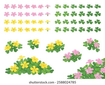 Illustration material set of yellow and pink wood sorrel flowers