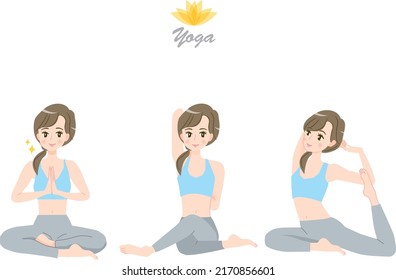 Illustration material set of a young woman doing yoga