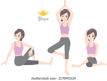 Illustration material set of a young woman doing yoga