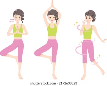 Illustration material set of a young woman doing yoga