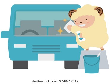 Illustration material of a sheep wiping windows and washing a car