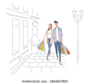 Illustration material: Shopping, couples shopping