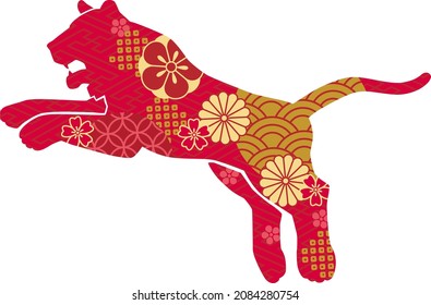 Illustration material of the silhouette of a bouncing tiger seen from the side. Japanese style pattern of red and gold.