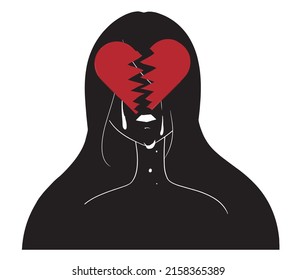 Illustration material of the silhouette of a crying woman and the image of depression and mental illness of a broken heart mark
