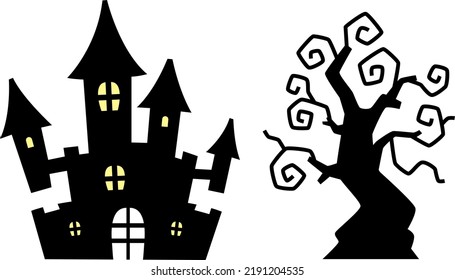 Illustration material of the silhouette of a mansion and a haunted tree.