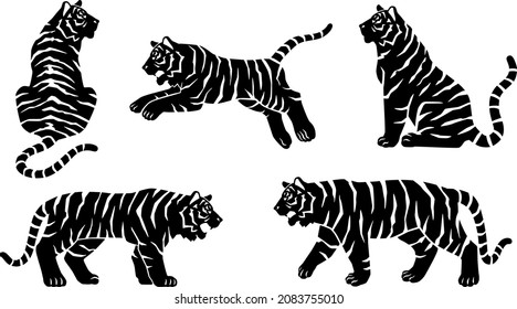Illustration material of the silhouette of the movement of the tiger. Silhouette collection set. With tiger stripes.