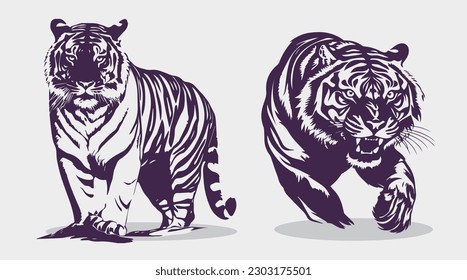 Illustration material of the silhouette of the movement of the tiger. Silhouette collection set. With tiger stripes.