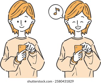 Illustration material of a smiling woman operating a smartphone, upper body, vector