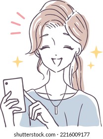 Illustration material of a smiling woman who happily operates a smartphone