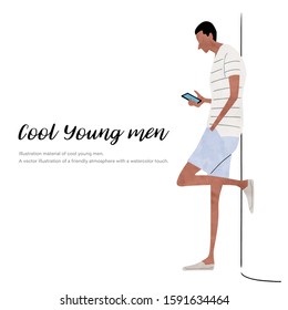 Illustration material: summer fashion, young man, smartphone