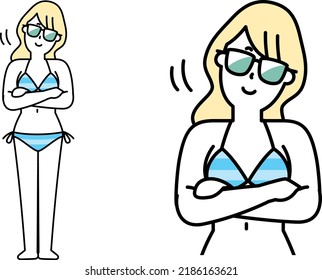 Illustration material of swimsuit women nodding with arms folded