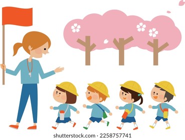 Illustration material of a teacher and children going on an excursion