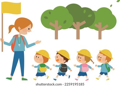 Illustration material of a teacher and children going on an excursion