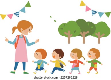 Illustration material of a teacher and children going on an excursion