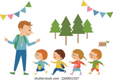 Illustration material of a teacher and children going on an excursion