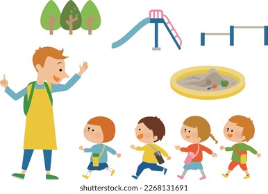 Illustration material of a teacher and children going on an excursion