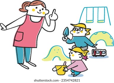 Illustration material of a teacher talking to kindergarten children playing in the sand
