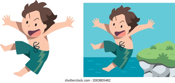 
Material de ilustración que el niño con traje de baño salta al mar