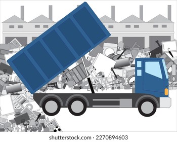 Es un material de ilustración que descarta la basura doméstica con un camión de basura.