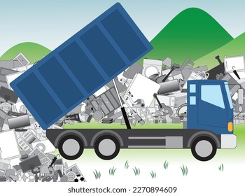 Es un material de ilustración que descarta la basura doméstica con un camión de basura.