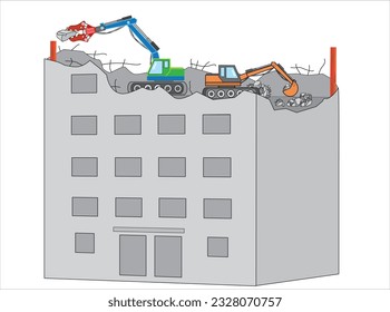 It is an illustration material that dismantles building with heavy equipment.