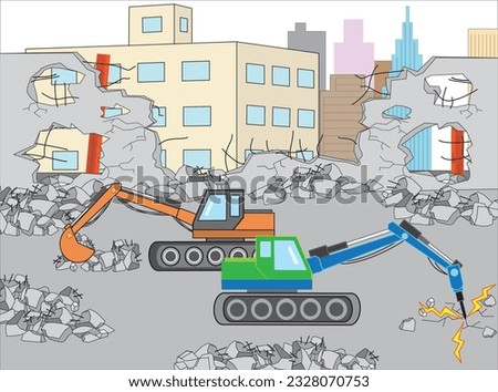 It is an illustration material that dismantles building with heavy equipment.