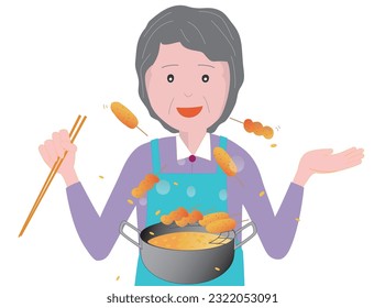 It is an illustration material that an elderly woman is cooking fried food.