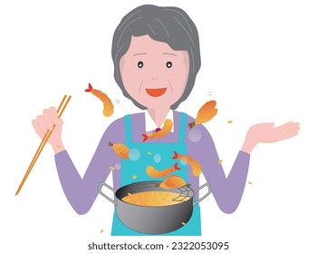It is an illustration material that an elderly woman is cooking fried food.
