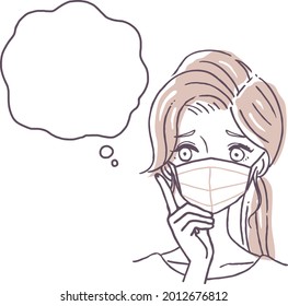 Illustration material that woman wearing a face mask is thinking and a speech bubble