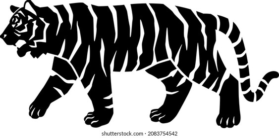 Illustration material of tiger silhouette. Sideways. Walking pose.